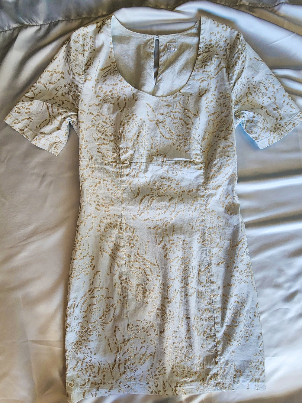 LUXURY 120% LINO Italian Linen Jacquard Dress - Gold & Cream